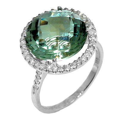 View 14K White  Gold<BR> Green Amethyst and Diamond Ring