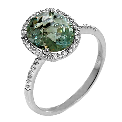 View 14K White  Gold<BR> Green Amethyst and Diamond Ring