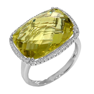 View 14K White  Gold<BR> Lemon Quartz and Diamond Ring