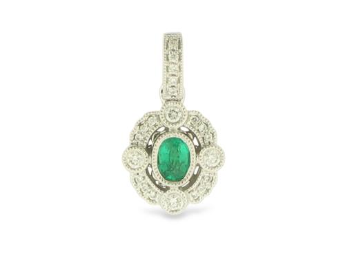View 14K White  or  Yellow  Gold<BR> Emerald and Diamond Pendant