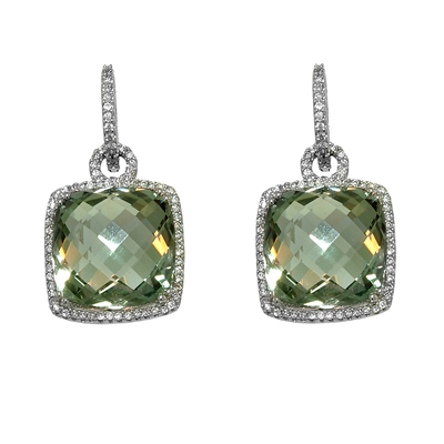 View 14K White  Gold<BR> Green Amethyst and Diamond Earrings