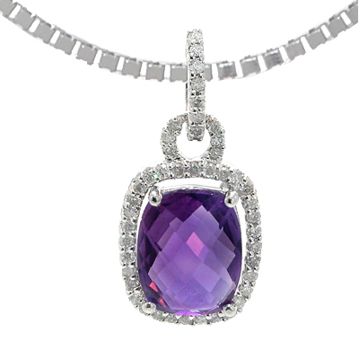 View 14K White  Gold<BR> Amethyst and Diamond Pendant