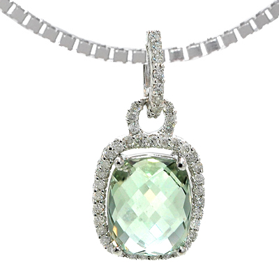 View 14K White  Gold<BR> Green Amethyst and Diamond Pendant