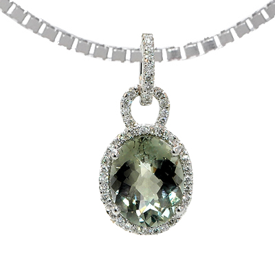 View 14K White  Gold<BR> Green Amethyst and Diamond Pendant