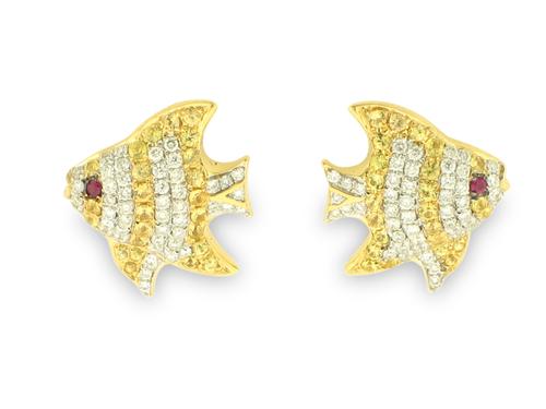 View 18K Yellow  Gold<BR> Ruby / Yellow Sapphire and Diamond Earrings